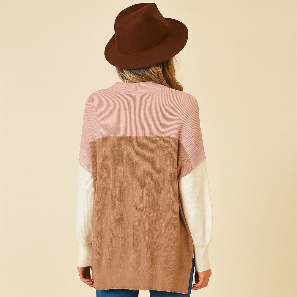 A126 • Tan Multi Colorblock Batwing Ribbed Knit Sweater - Picture 2 of 4